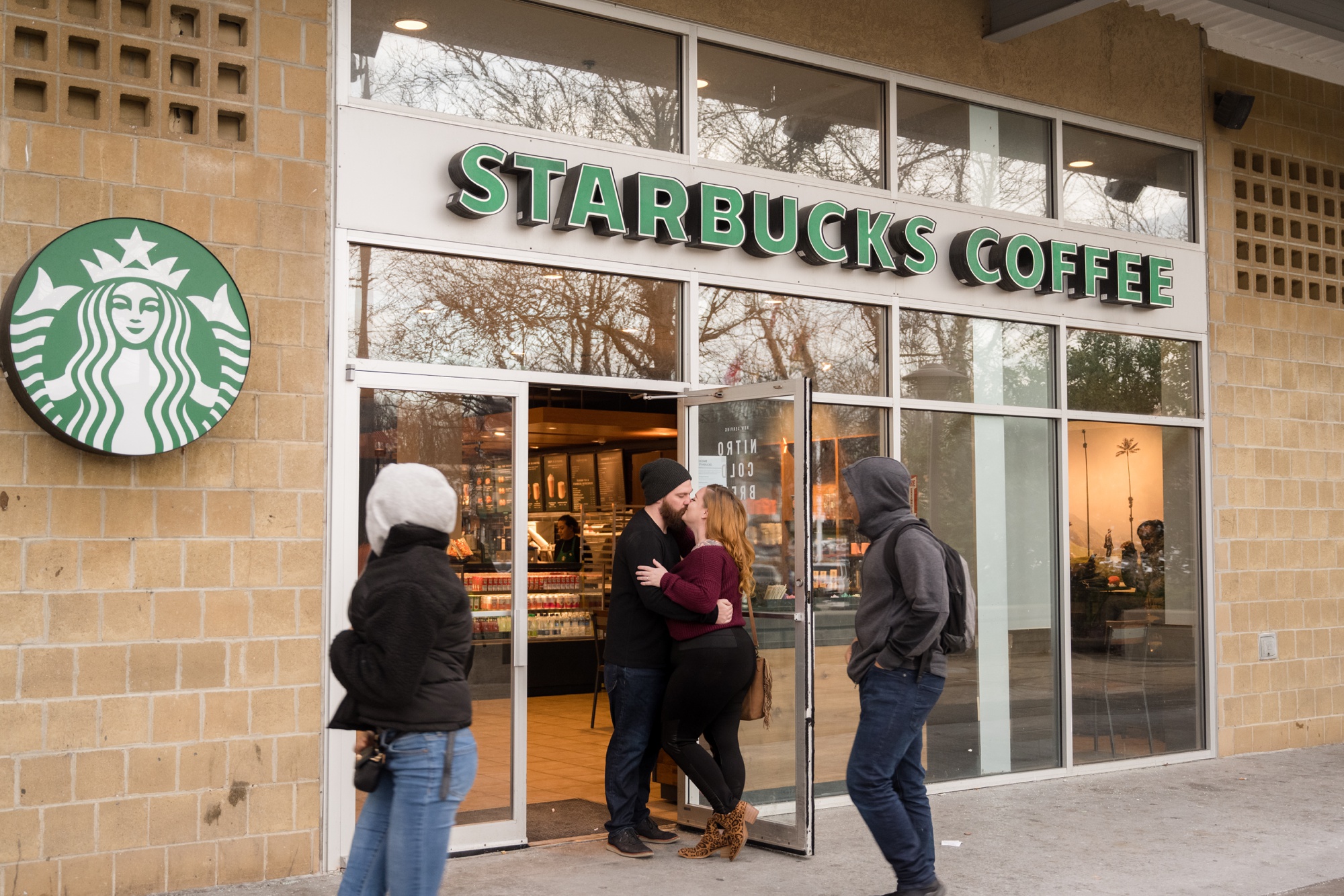 Couples one year anniversary of their starbucks first date