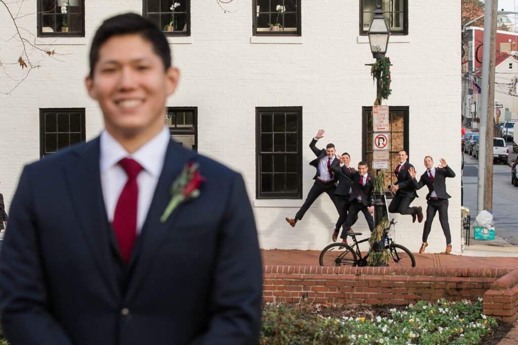 Groom and silly Groomsmen downtown Annapolis