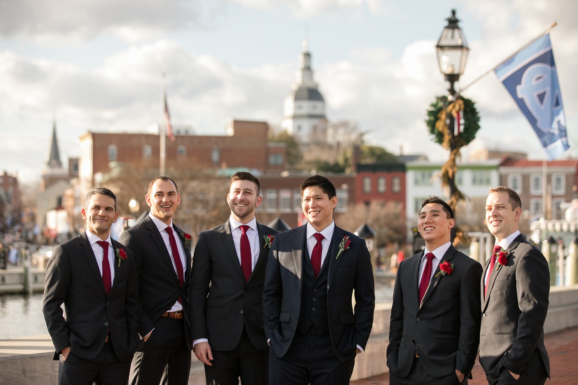 maroon Groom and groomsmen Downtown Annapolis photos