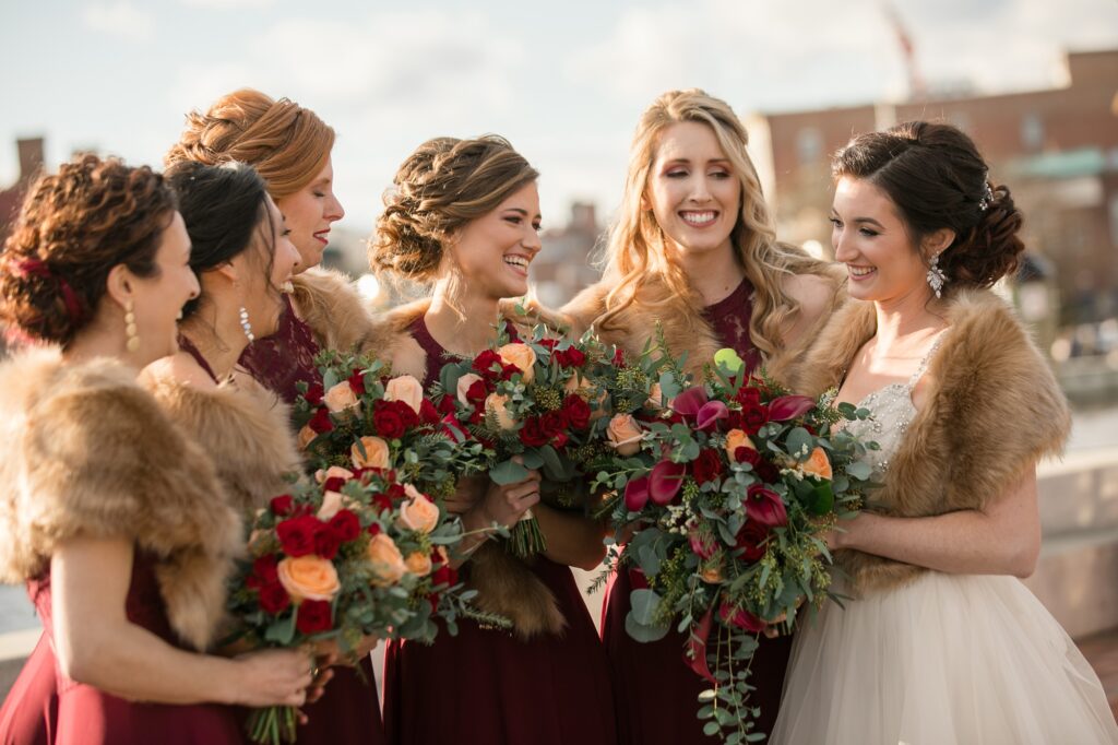 maroon bride and bridesmaid Downtown Annapolis photos