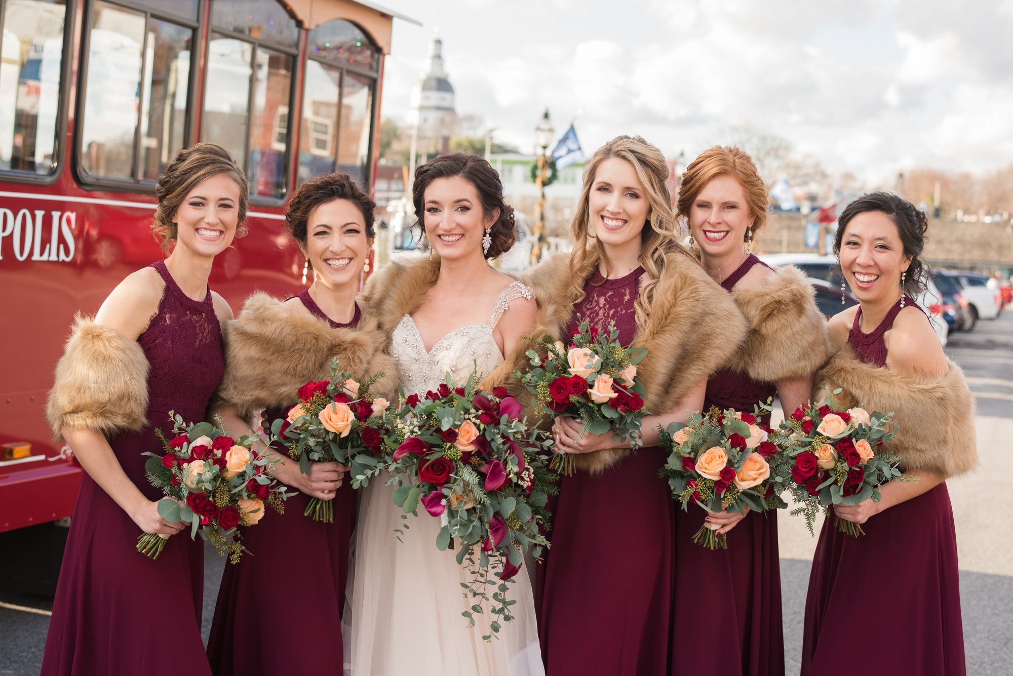 maroon bride and bridesmaid Downtown Annapolis photos