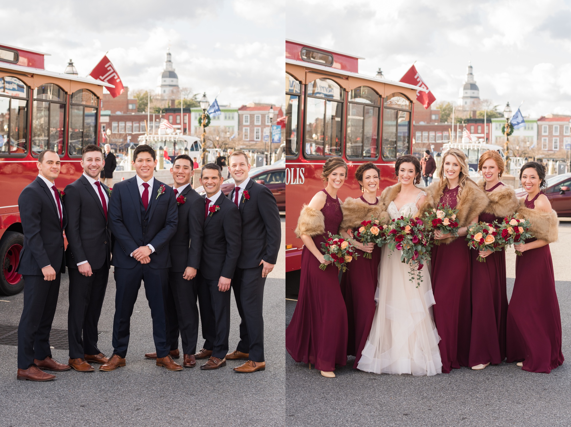 maroon bride and bridesmaid Downtown Annapolis photos