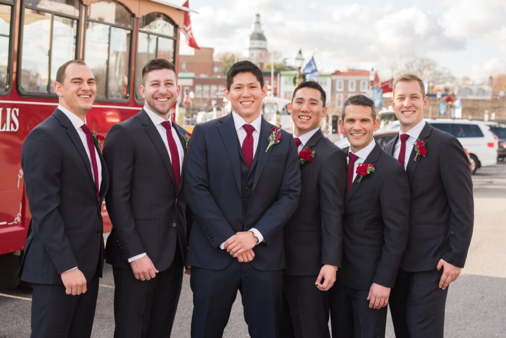 maroon Groom and groomsmen Downtown Annapolis photos