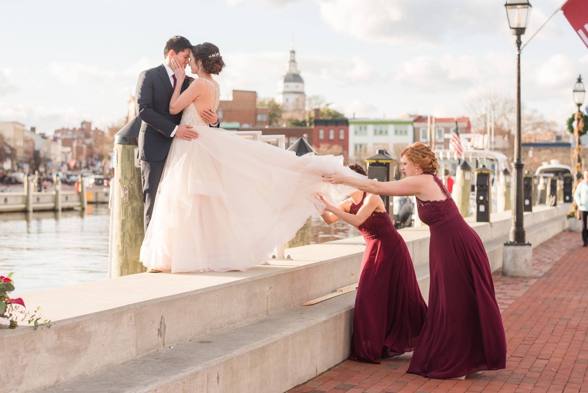 maroon bride and bridesmaid Downtown Annapolis photos