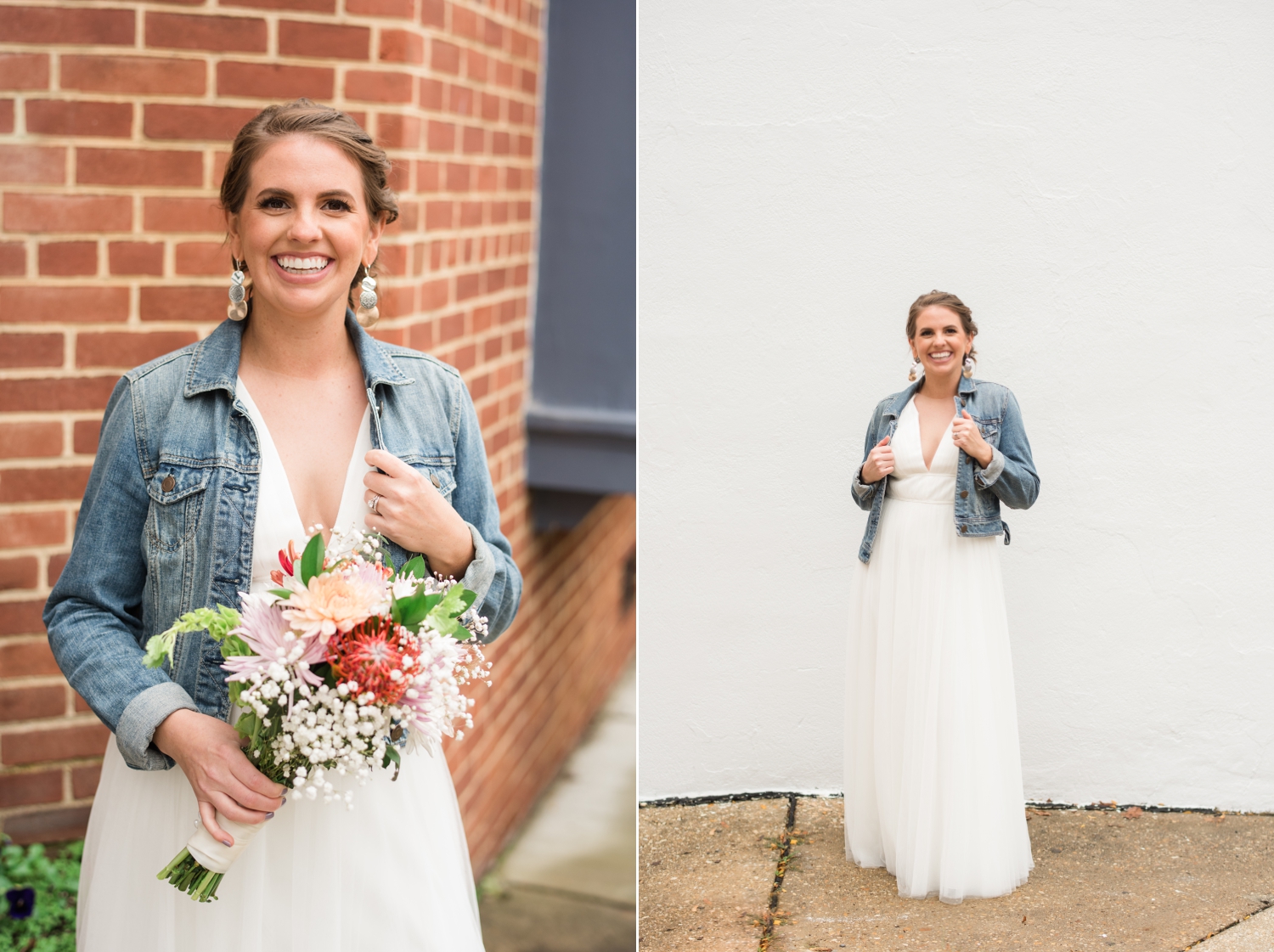 wedding dress and jean jacket