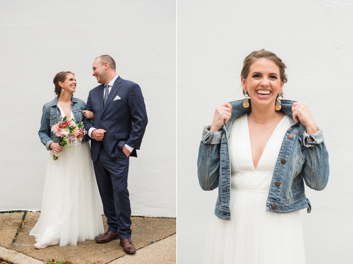 blue suit and wedding dress and jean jacket