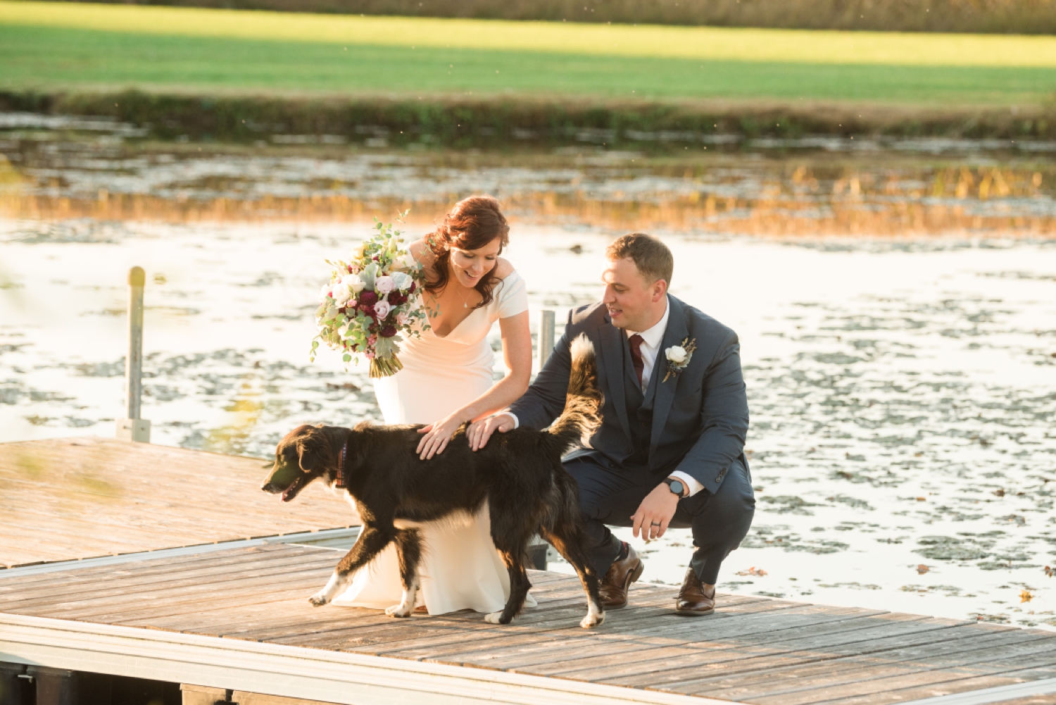 Tusculum Farm pond wedding photos with Zeus the Dog