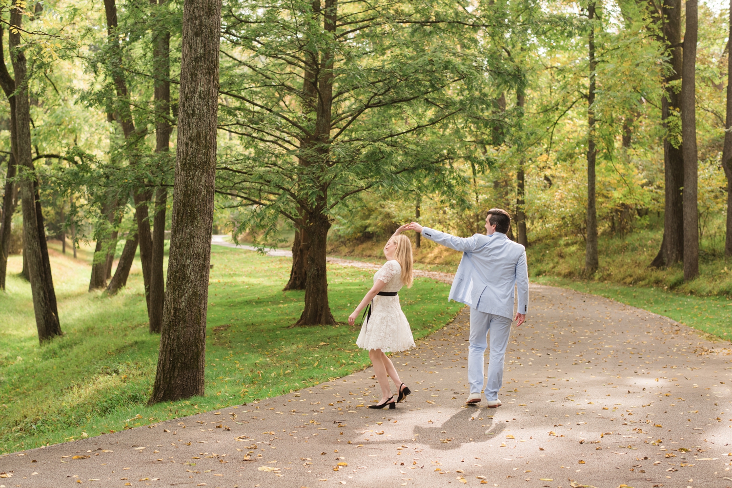 twirling into marriage in a baby blue seersucker suit