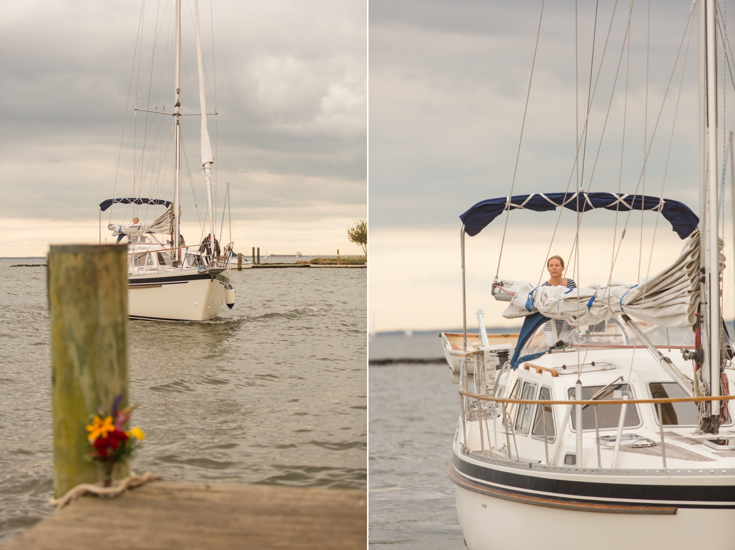 bride sailing into her elopement on the docks