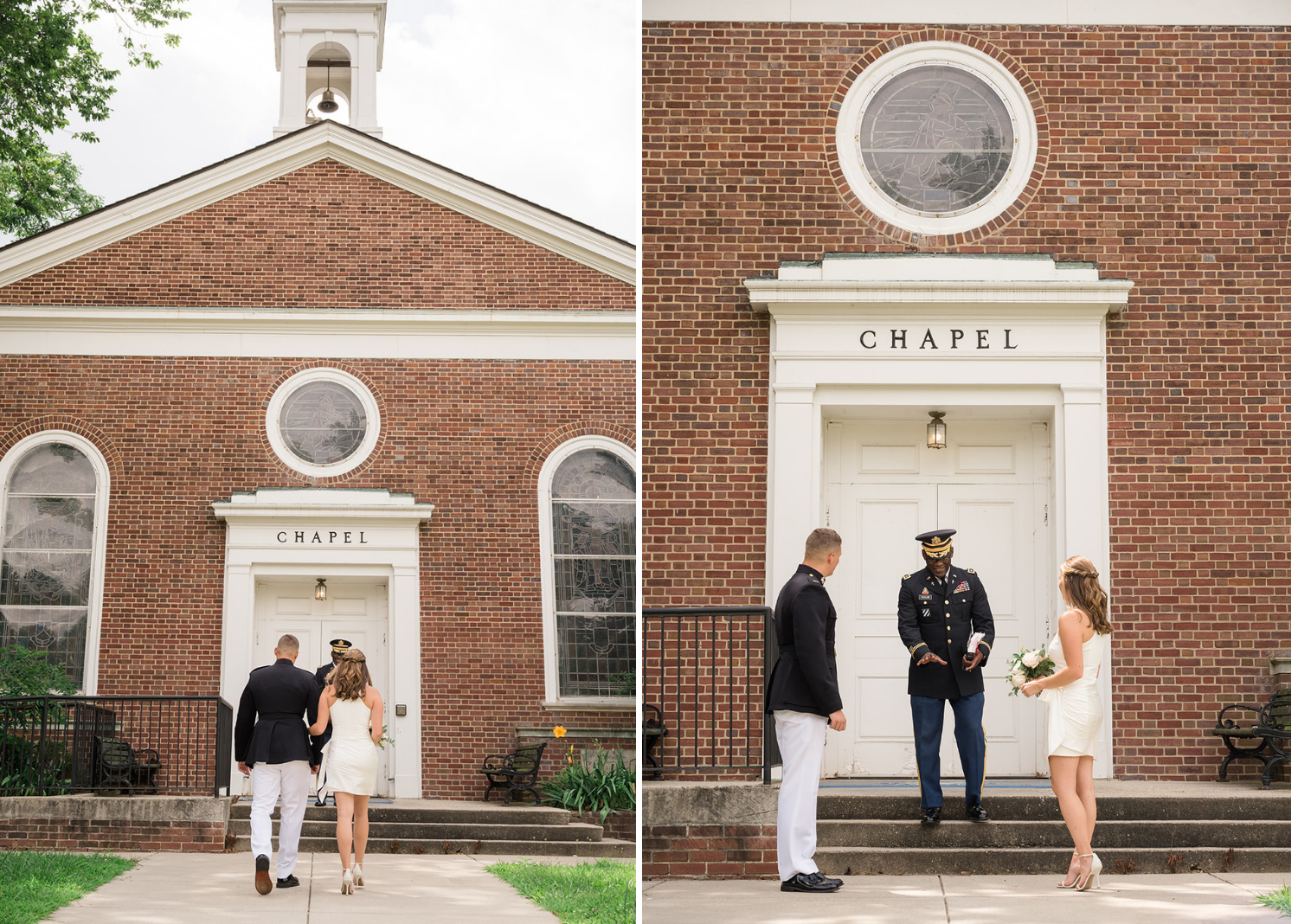 bride and groom standing in front of the chapel for their elopement 