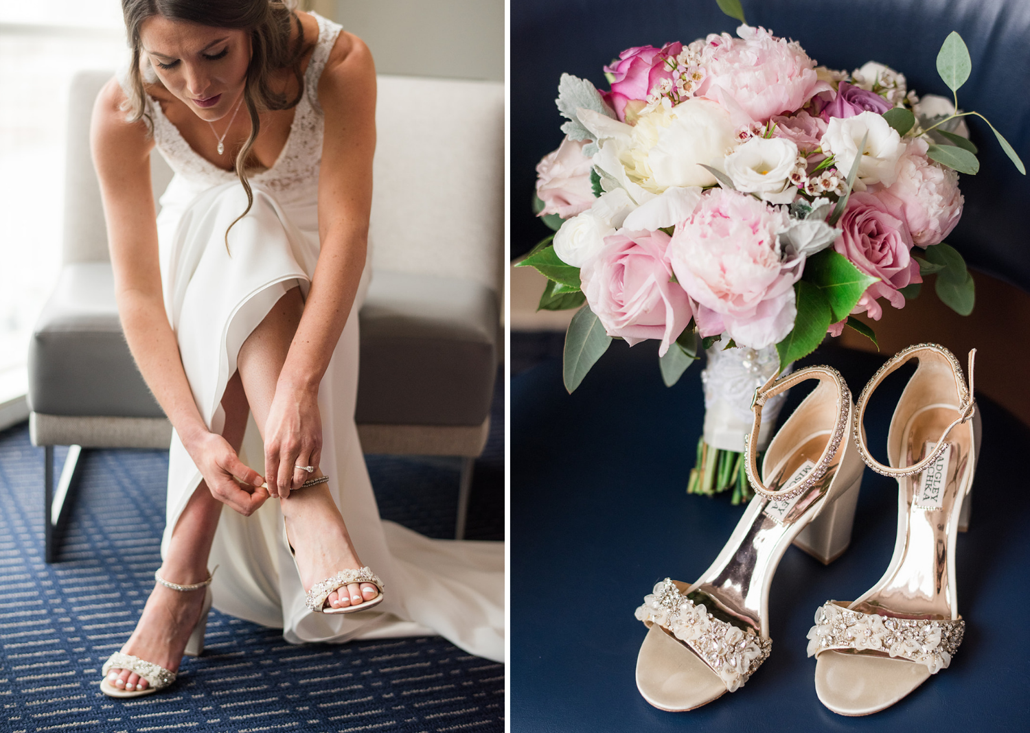 bride putting on her wedding shoes and a photo of her wedding day shoes along with her bridal bouquet