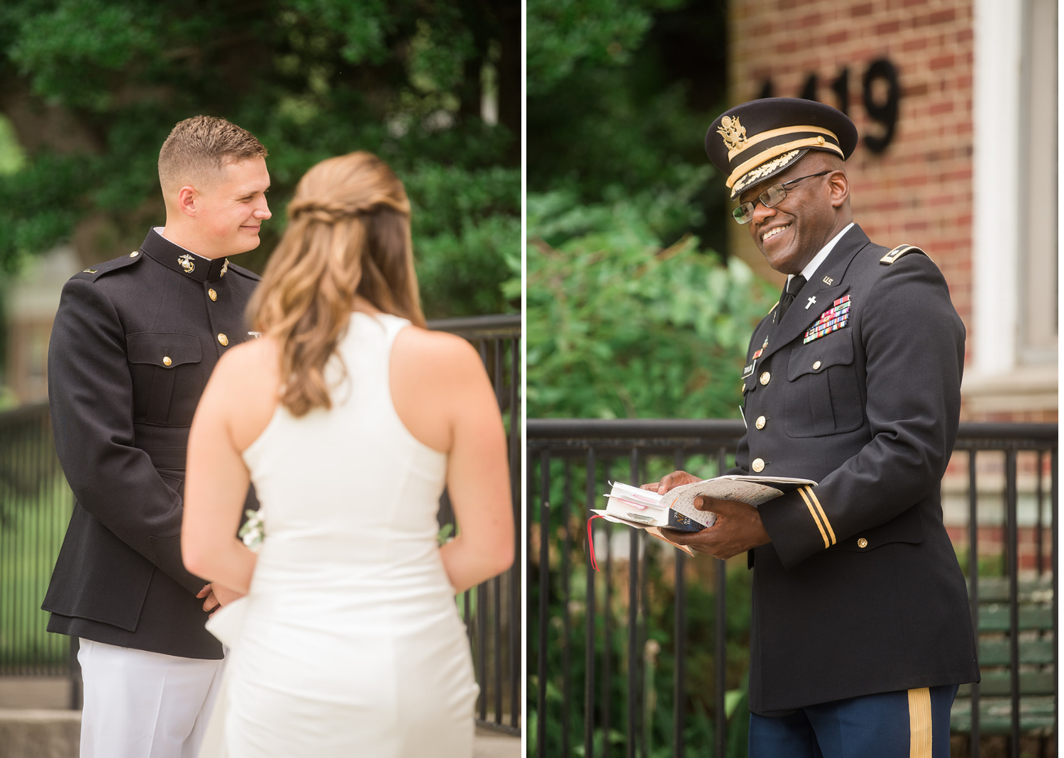 bride and groom smile along with their reverend as they listen to their elopement speech