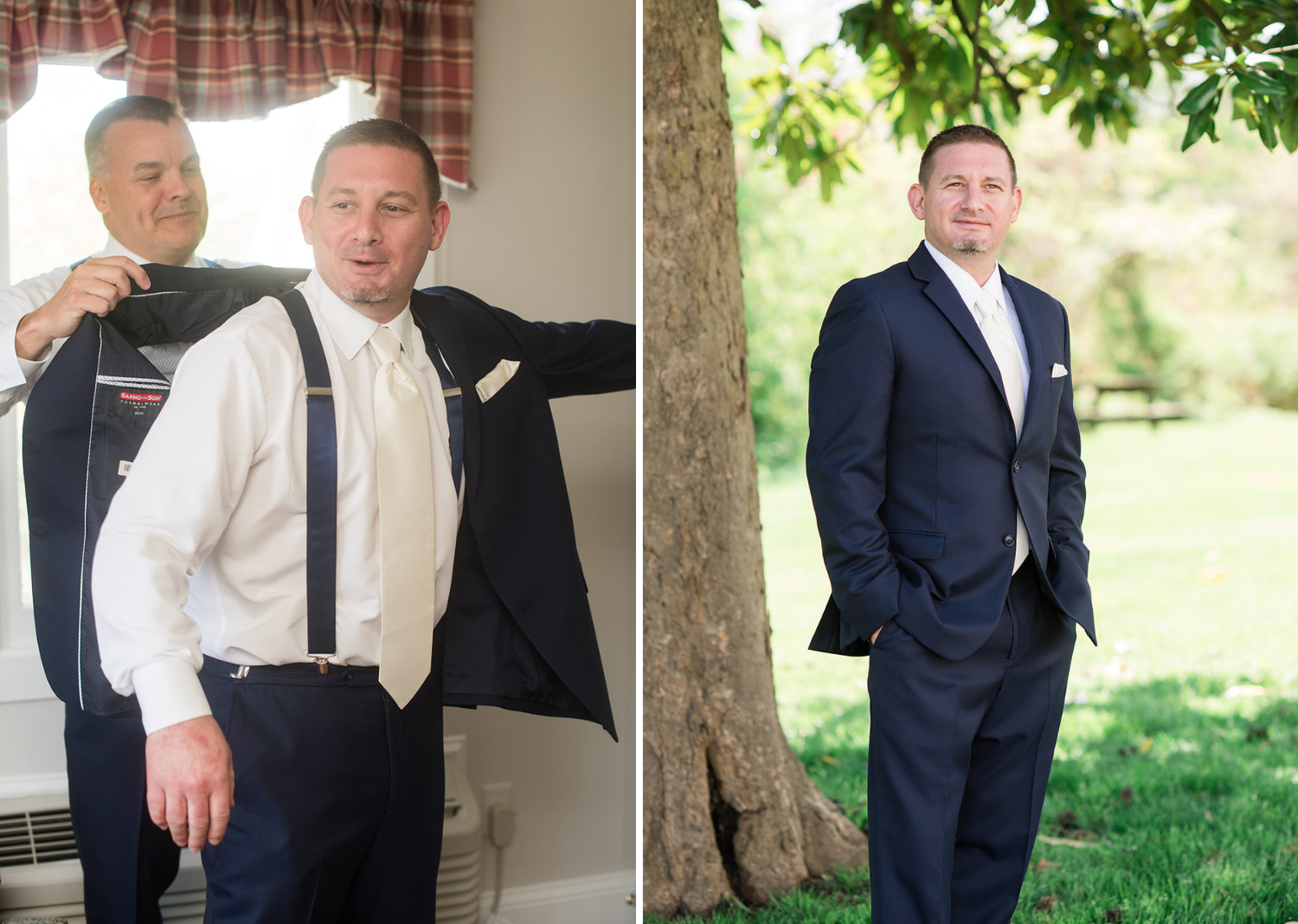 groom smiling and putting on his suit