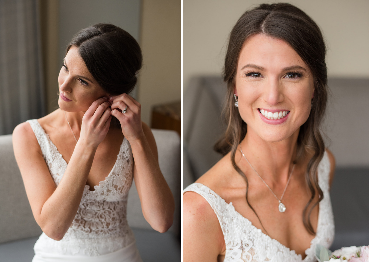 bride smiling and putting on her wedding earrings