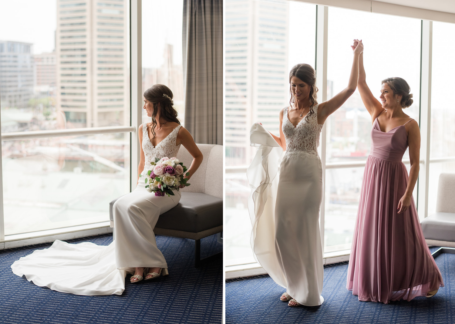 bride looking out the window at the city skyline and bride and bridesmaid sharing a high five