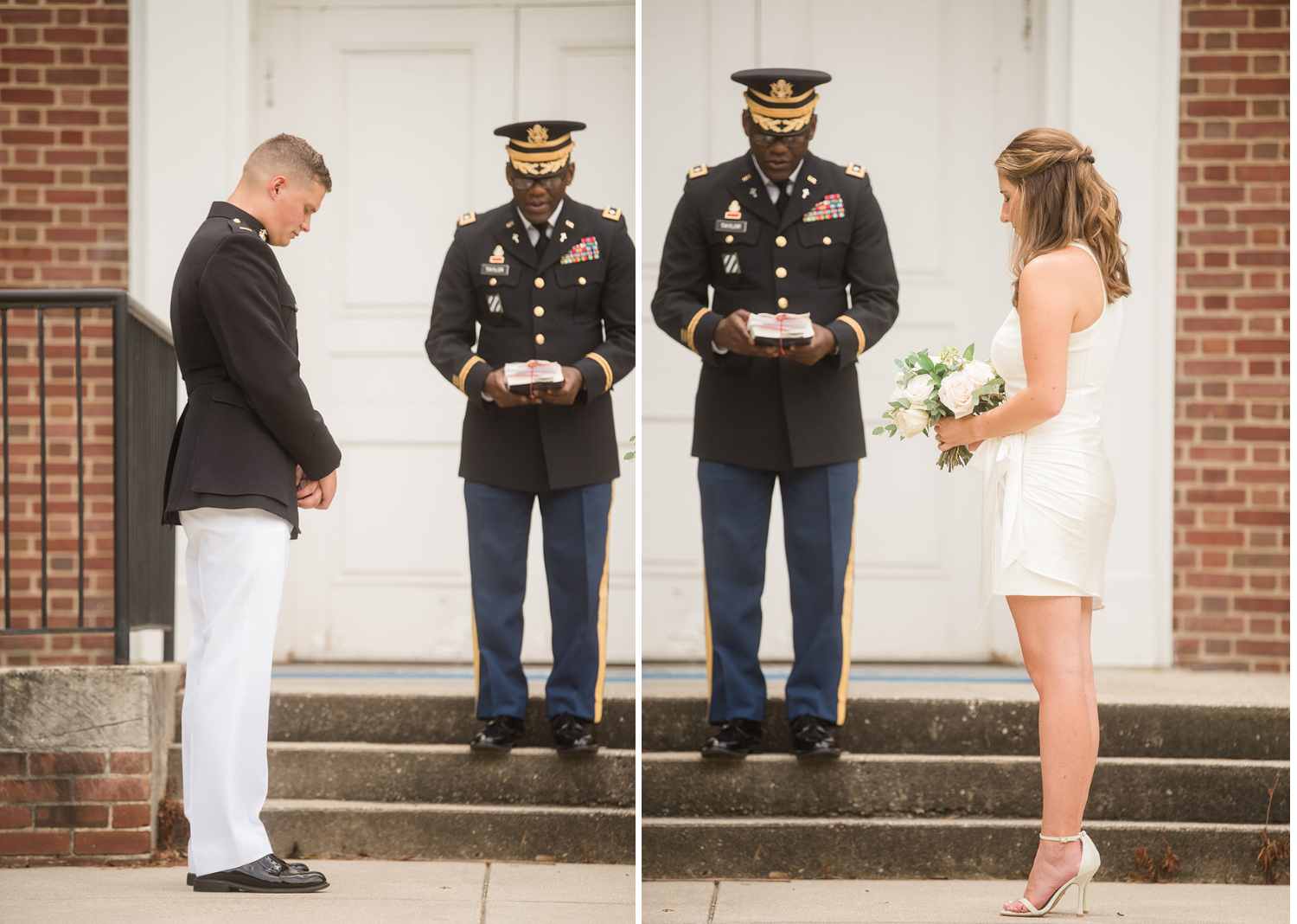 bride and groom vow their heads as the reverend makes a prayer