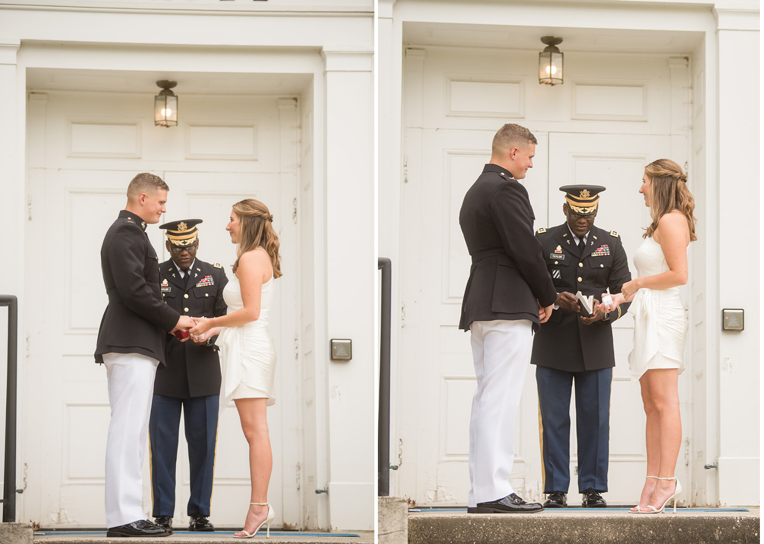 bride and groom smile at eachother as they listen to their elopement speech