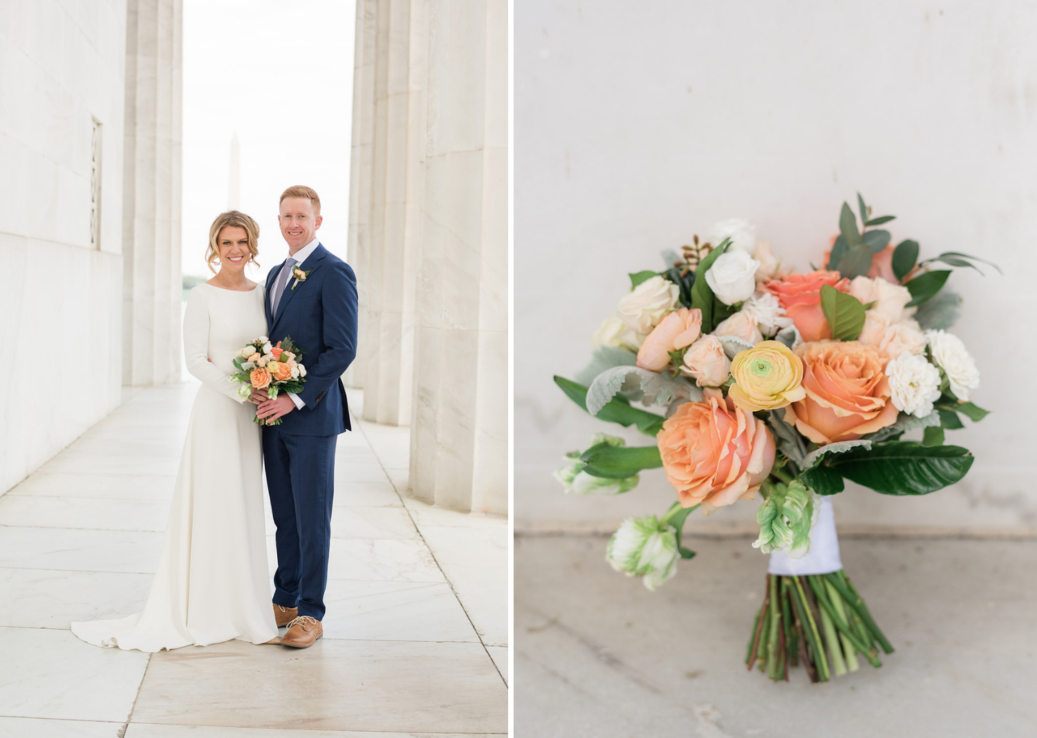 bride and groom posing inside the lincoln memorial along with a shot of the bride's bouquets