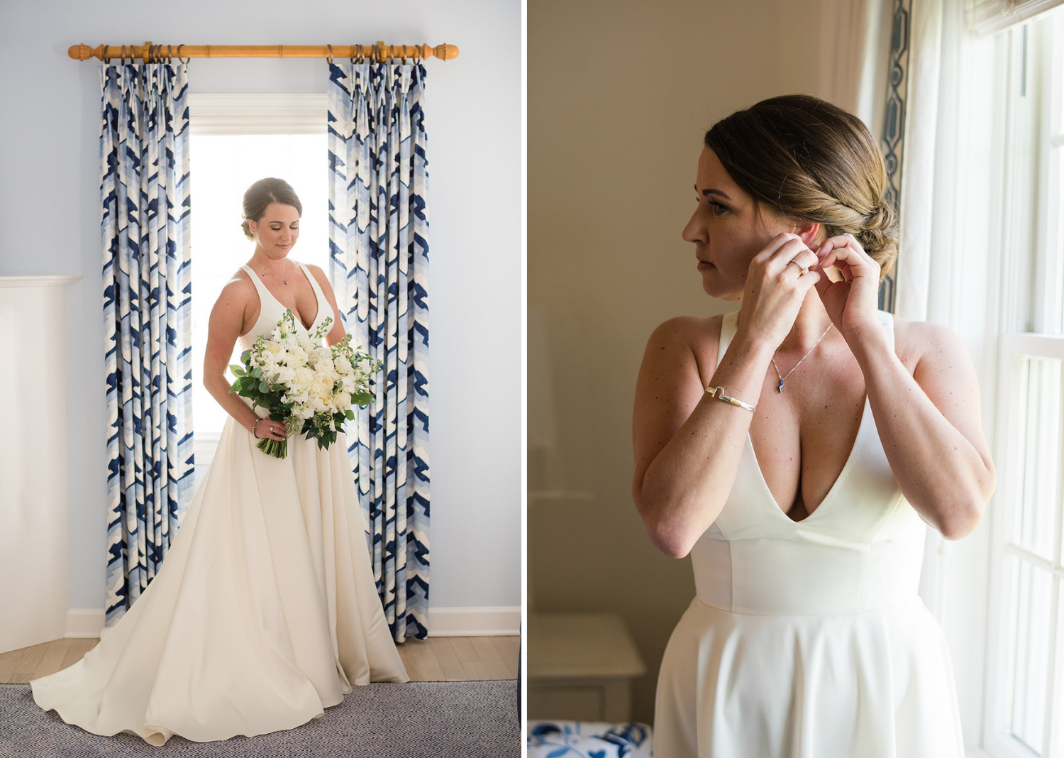 bride finishes putting on her wedding day earrings as she poses with her wedding dress