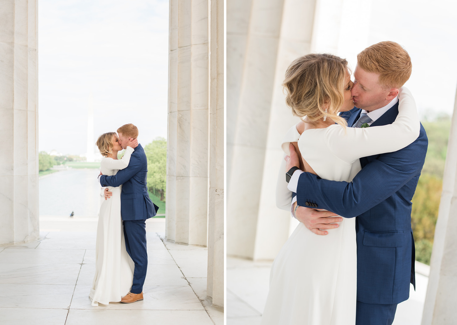 bride and groom share a kiss in the lincoln memorial