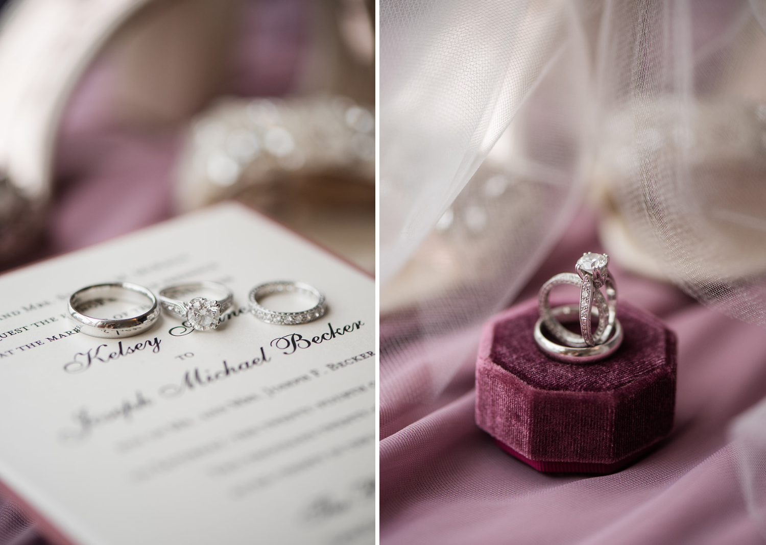 wedding ring box and wedding rings photographed on top of wedding invites