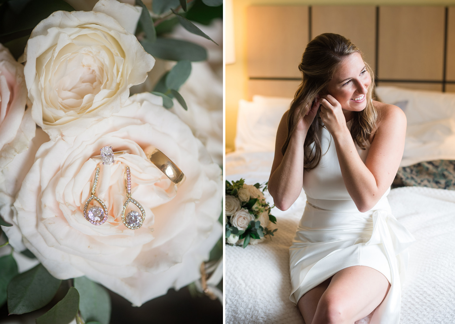 a close up photo of the bride's earrings on a white rose and a photo of the bride putting on her earrings