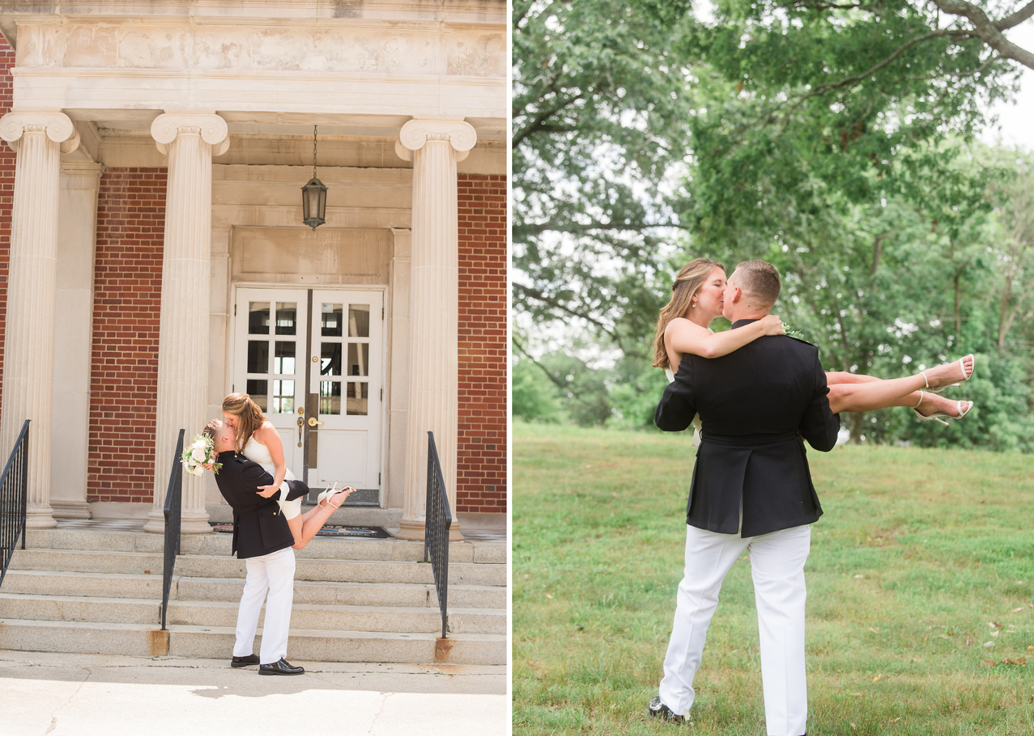 groom picks up his bride and they share a kiss