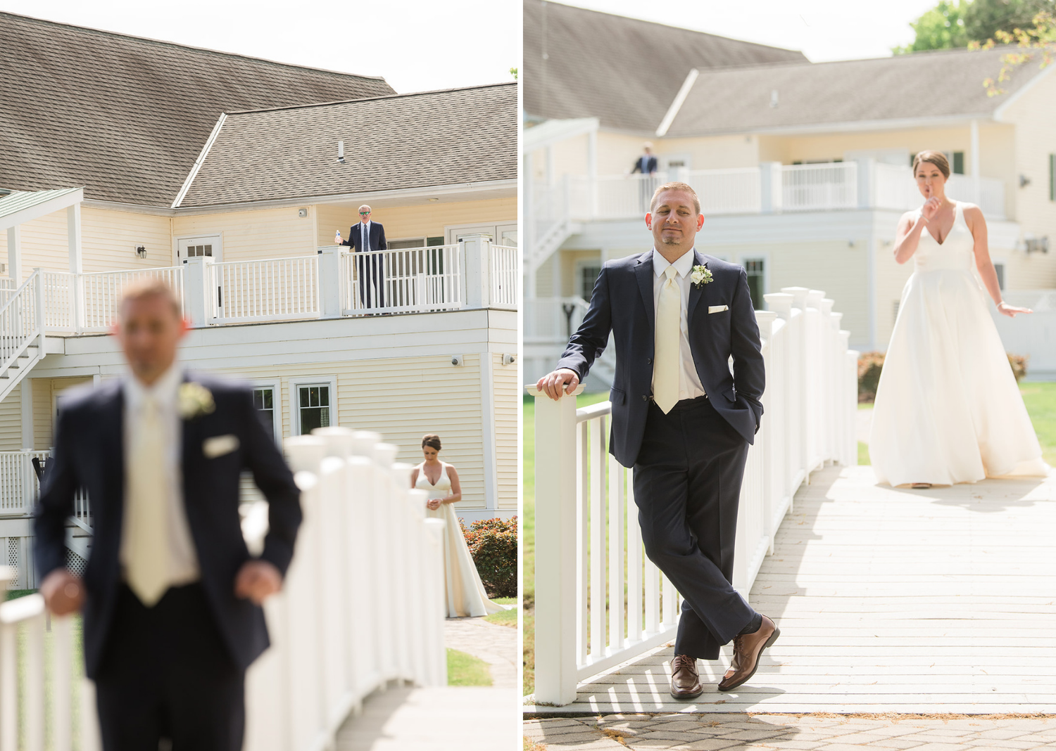 groom smiles as his bride stands behind him getting ready to have their first look