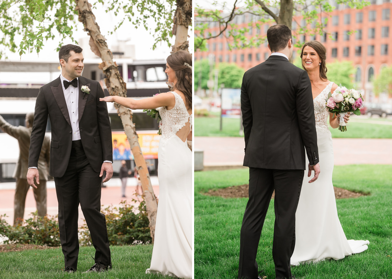 the groom takes a look at his beautiful bride for their first look