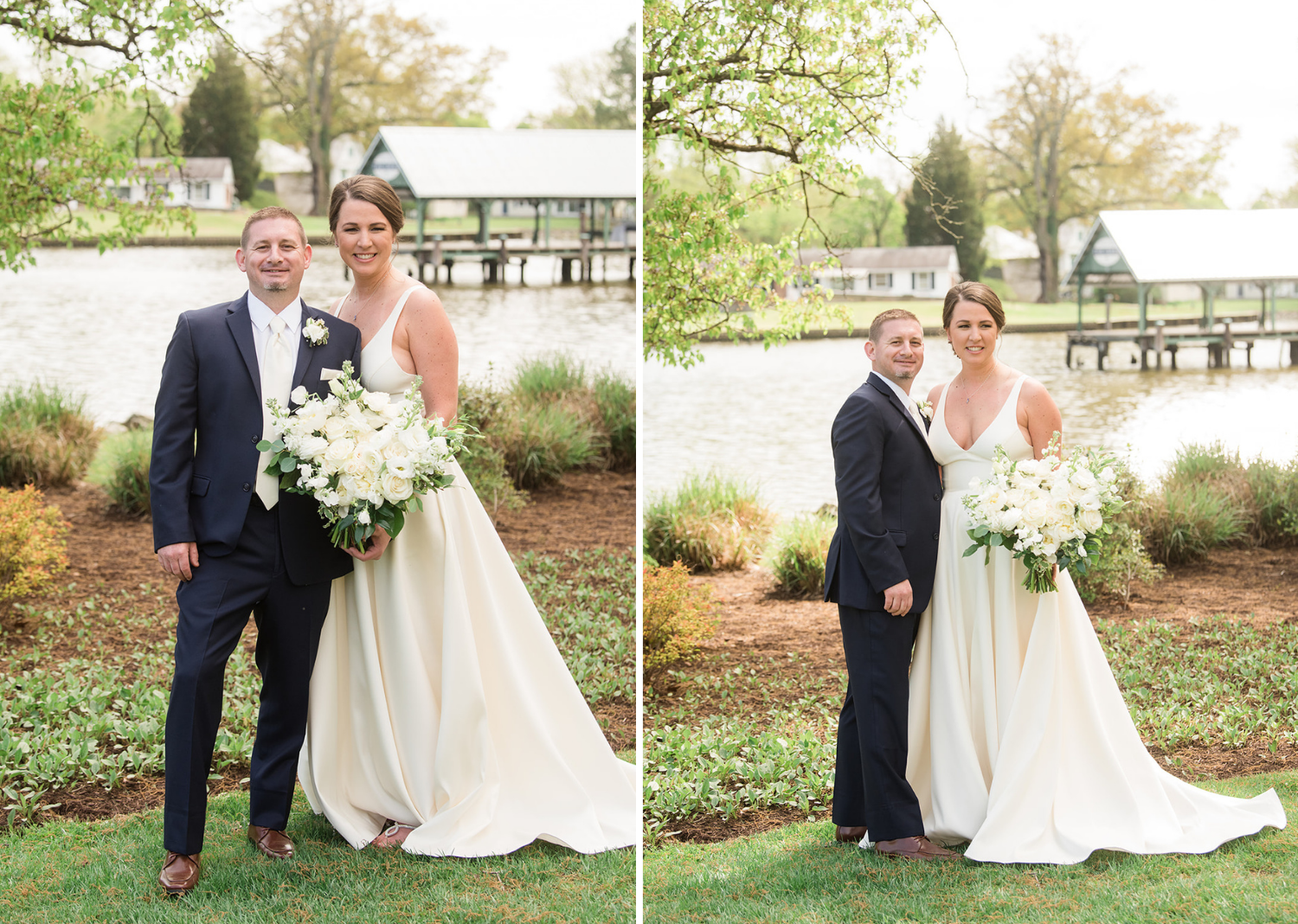 bride and groom smile for their wedding portraits