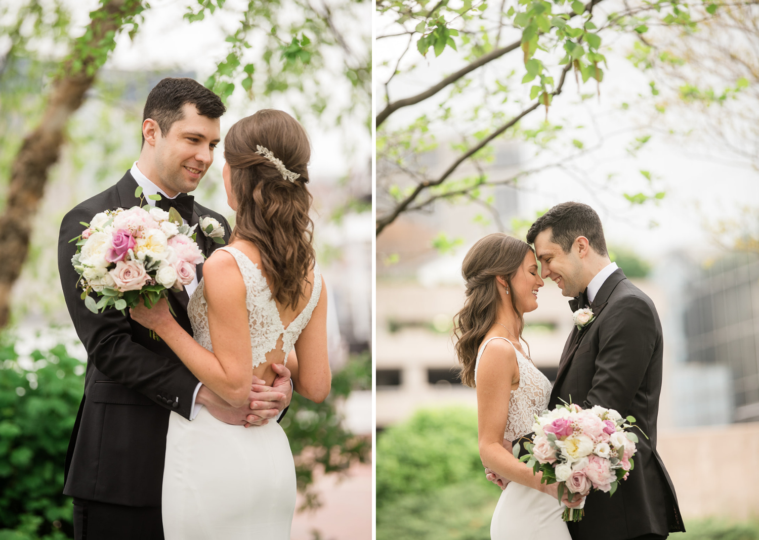 bride and groom romantically look at eachother as they stand in a park in Baltimore