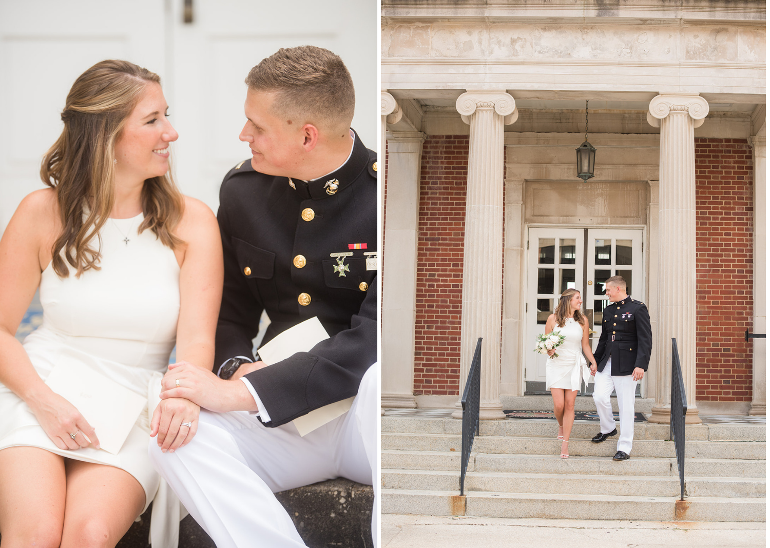 bride and groom smile as they look at eachother