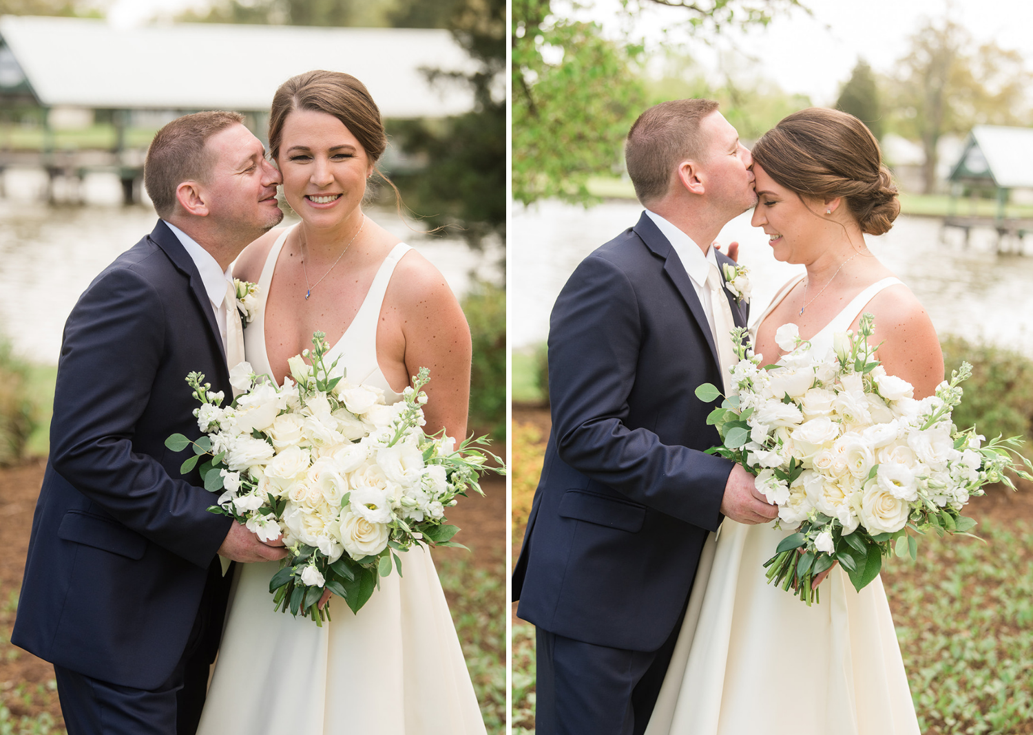 bride and groom smile for their wedding portraits