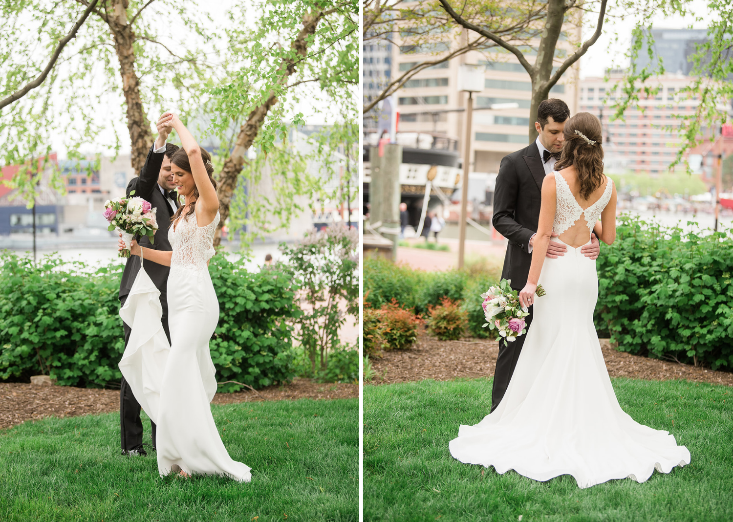 bride and groom romantically look at eachother as they stand in a park in Baltimore