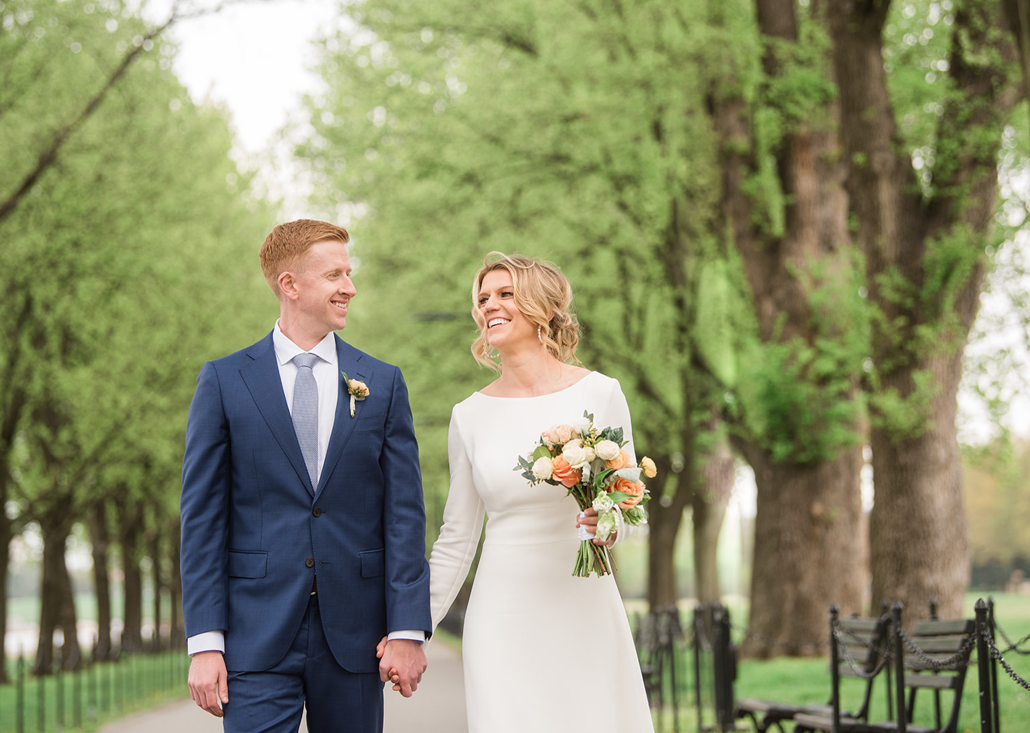 bride and groom take a stroll near the national mall in Washington D.C