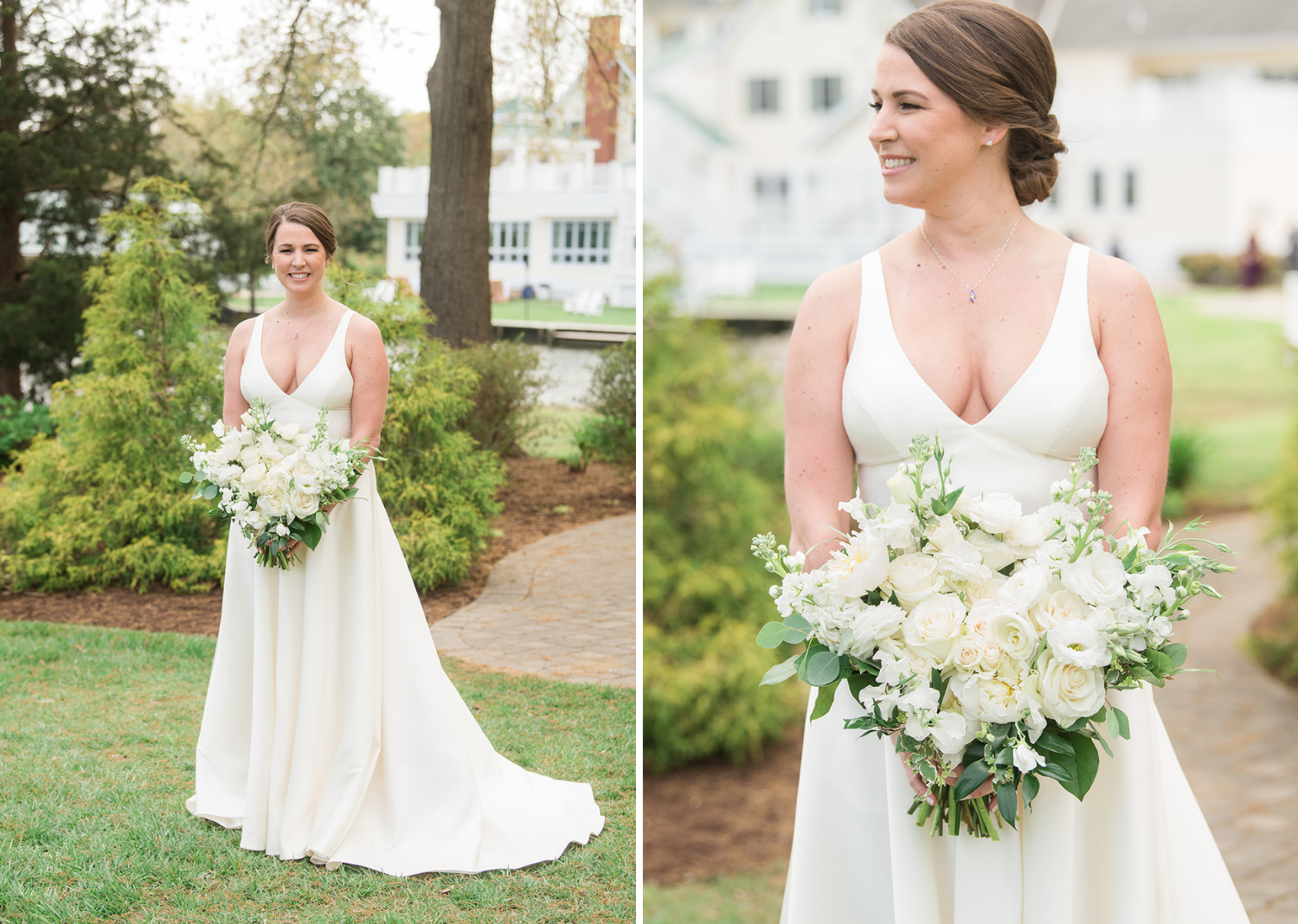 bride smiles as she poses with her white wedding dress and beautiful white and green bridal bouquet