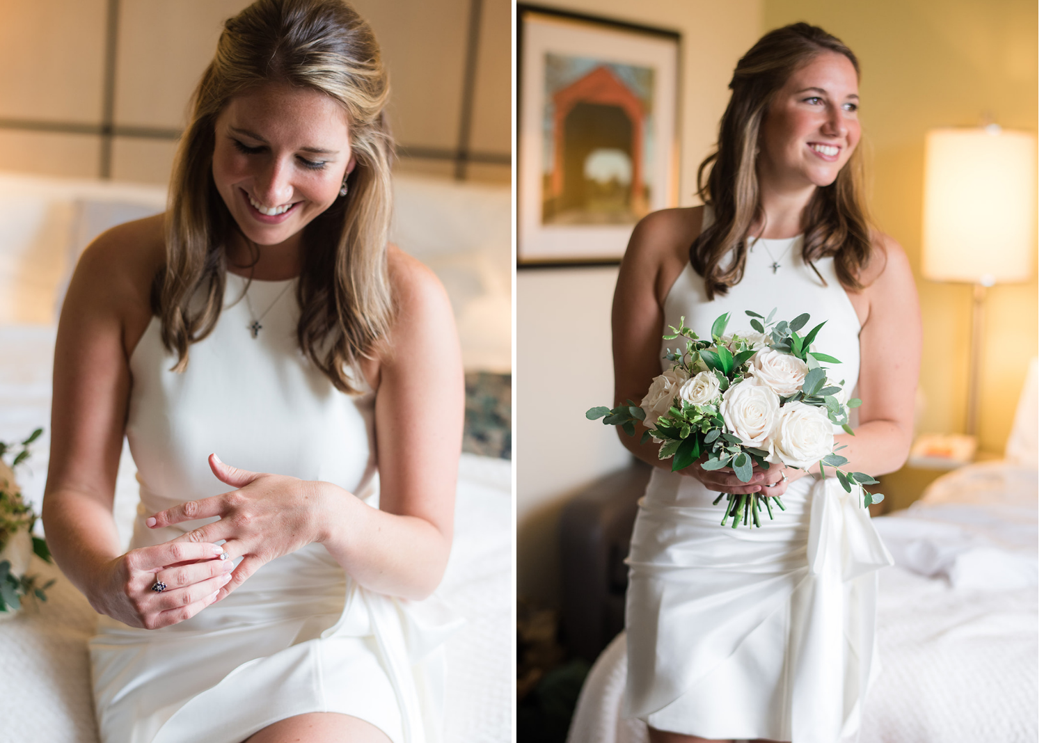 bride putting on her wedding ring and bride smiling as she holds her wedding bouquet