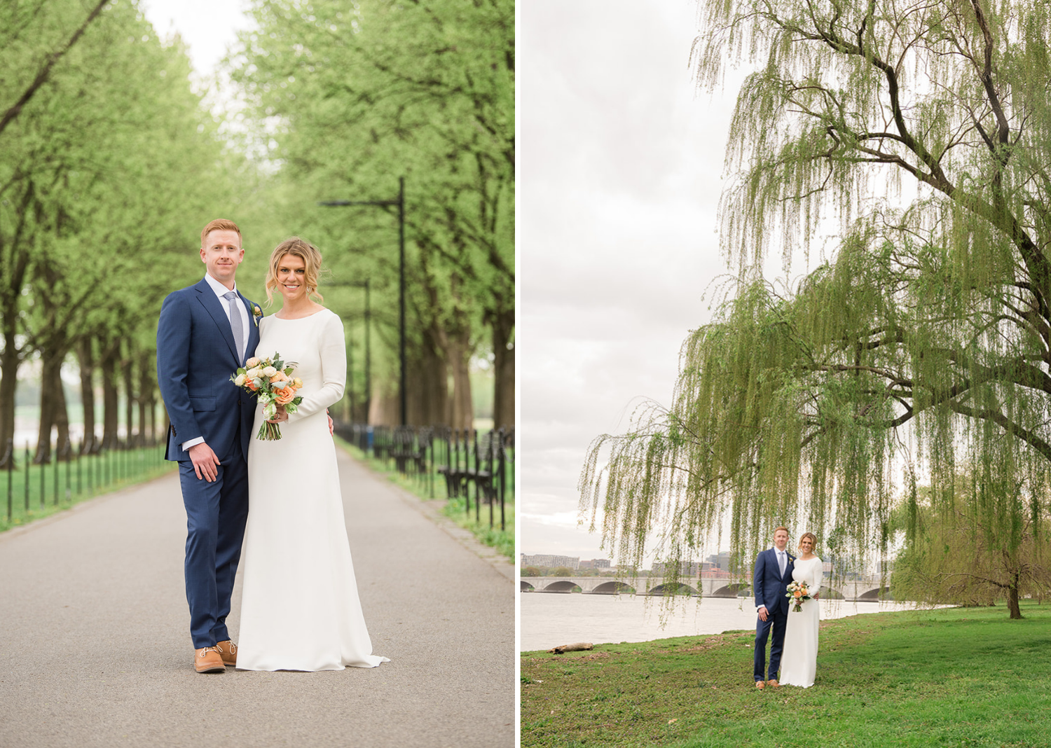 bride and groom take a stroll near the national mall in Washington D.C