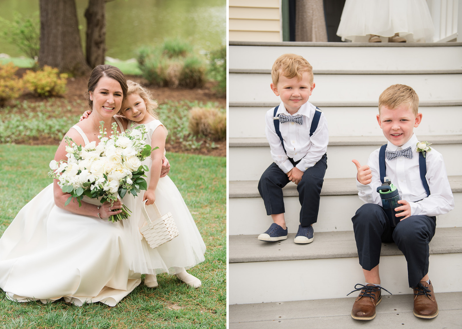 bride with her flower girl and her baby groomsmen