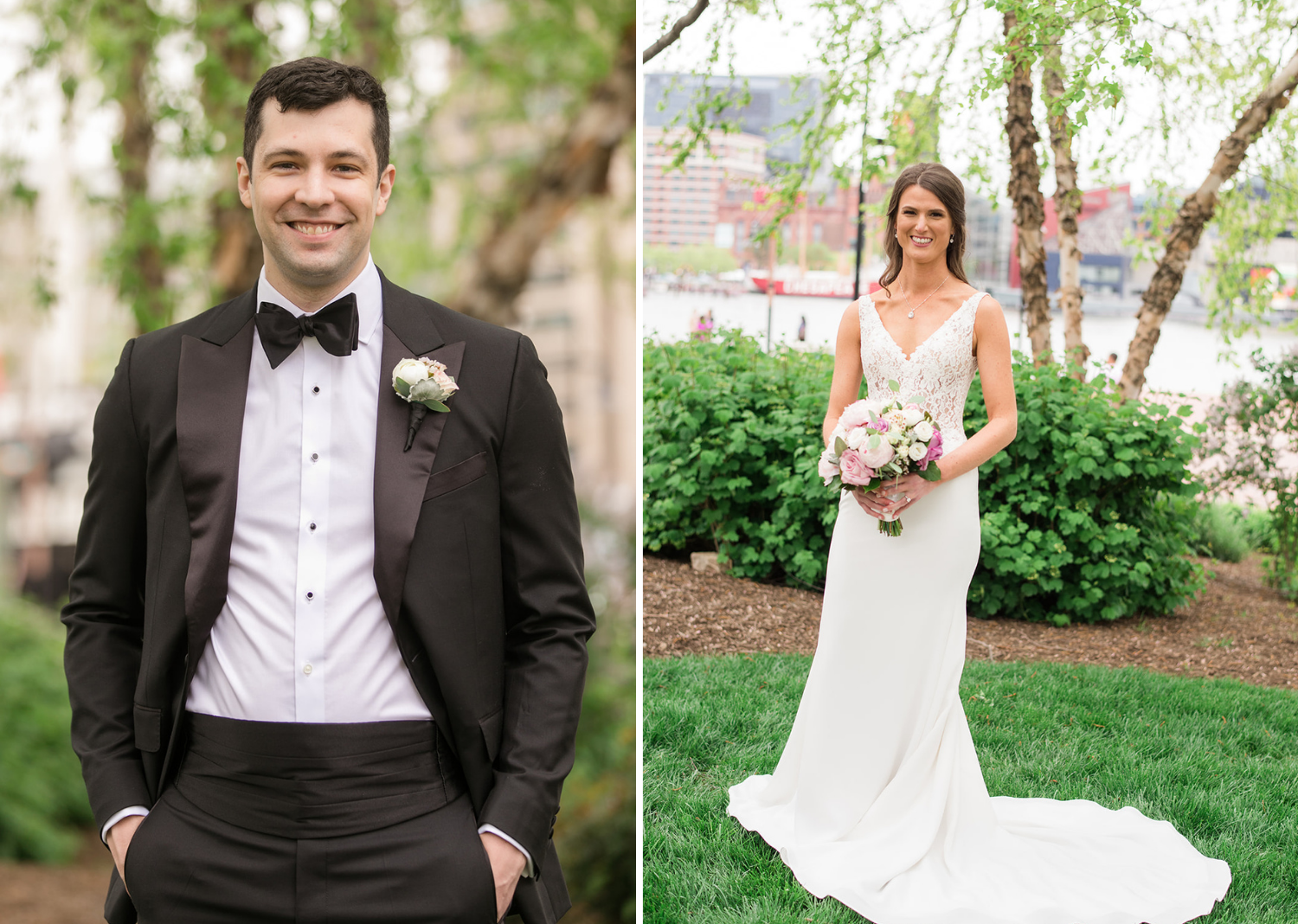 bride and groom in a park in baltimore