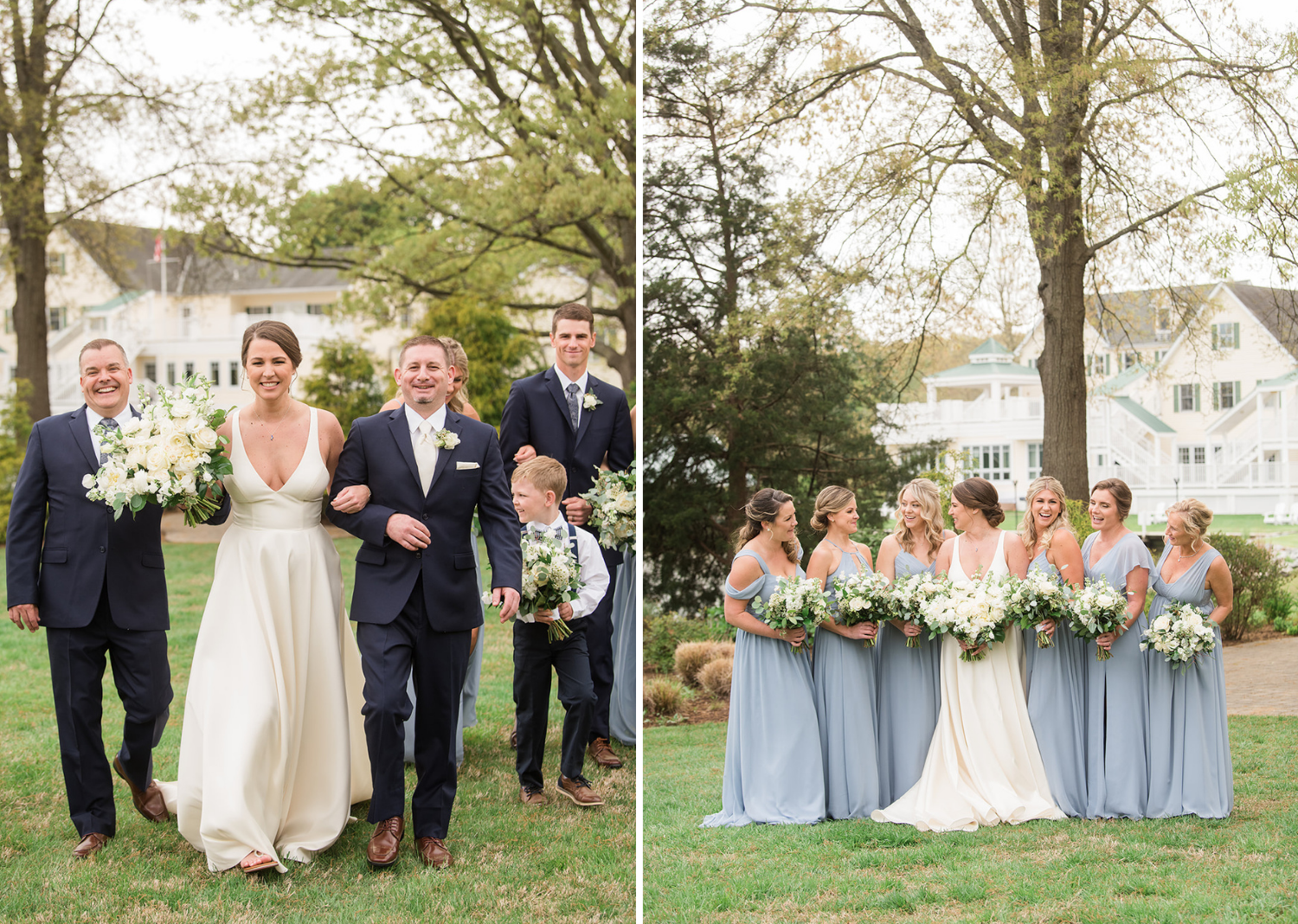 bride and groom smile surrounded by their wedding party