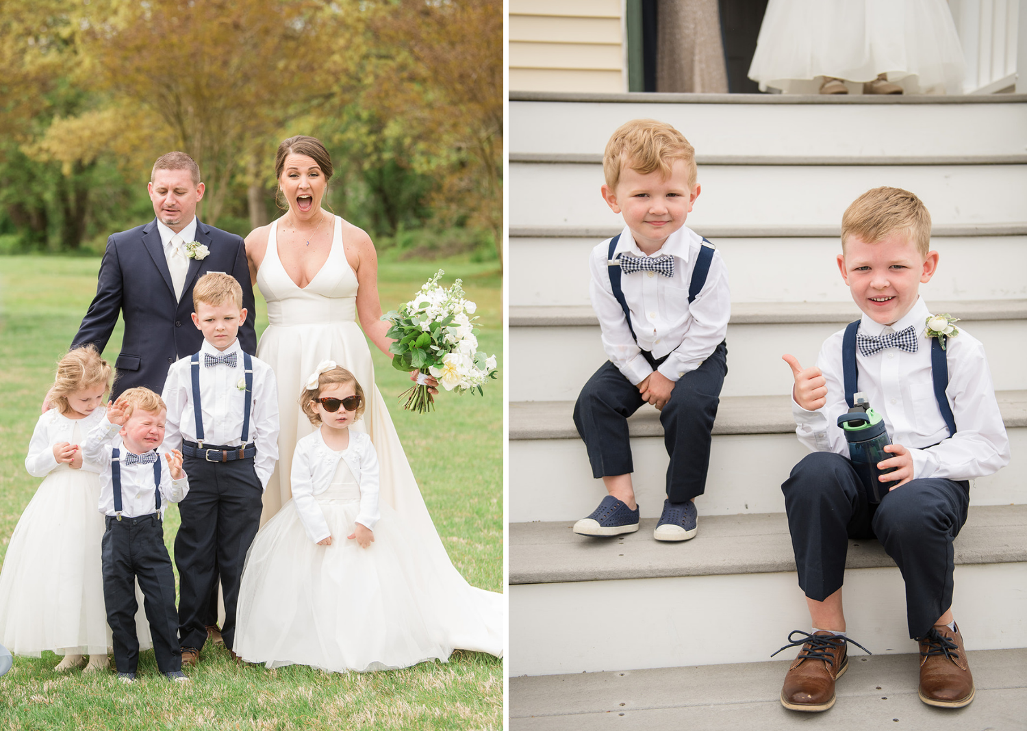 bride and groom smile with their flower girls and baby groomsmen