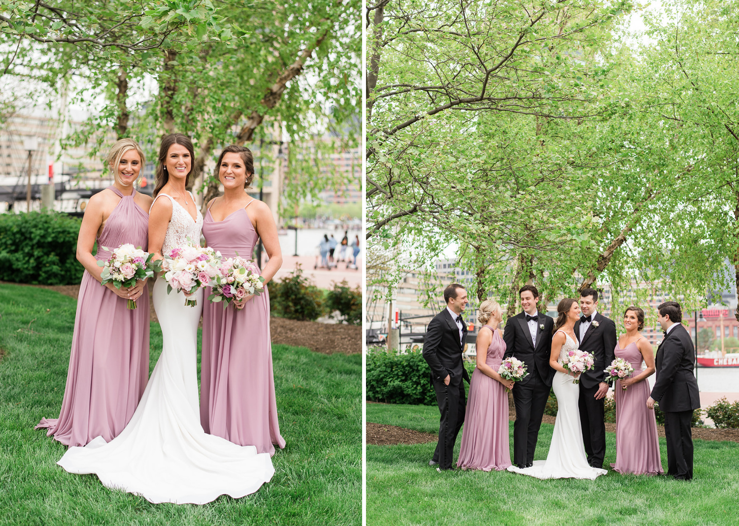 bride and groom stand with their wedding party