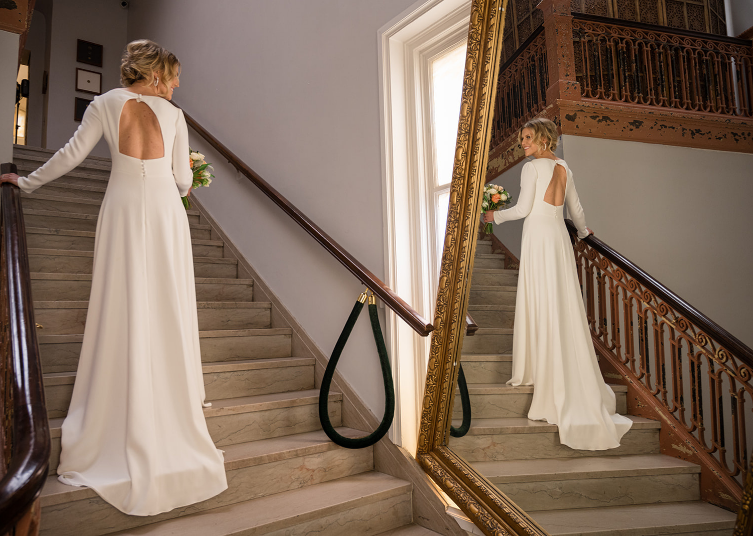 bride smiling as she looks at herself in the mirror