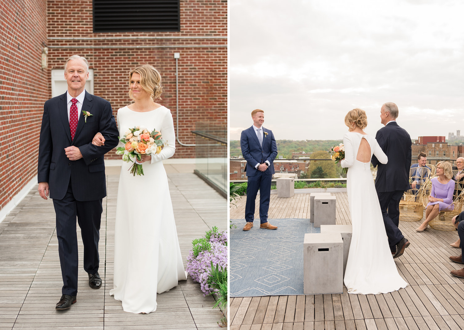 bride walking down the aisle with her father on the rooftop of the line hotel in Washington