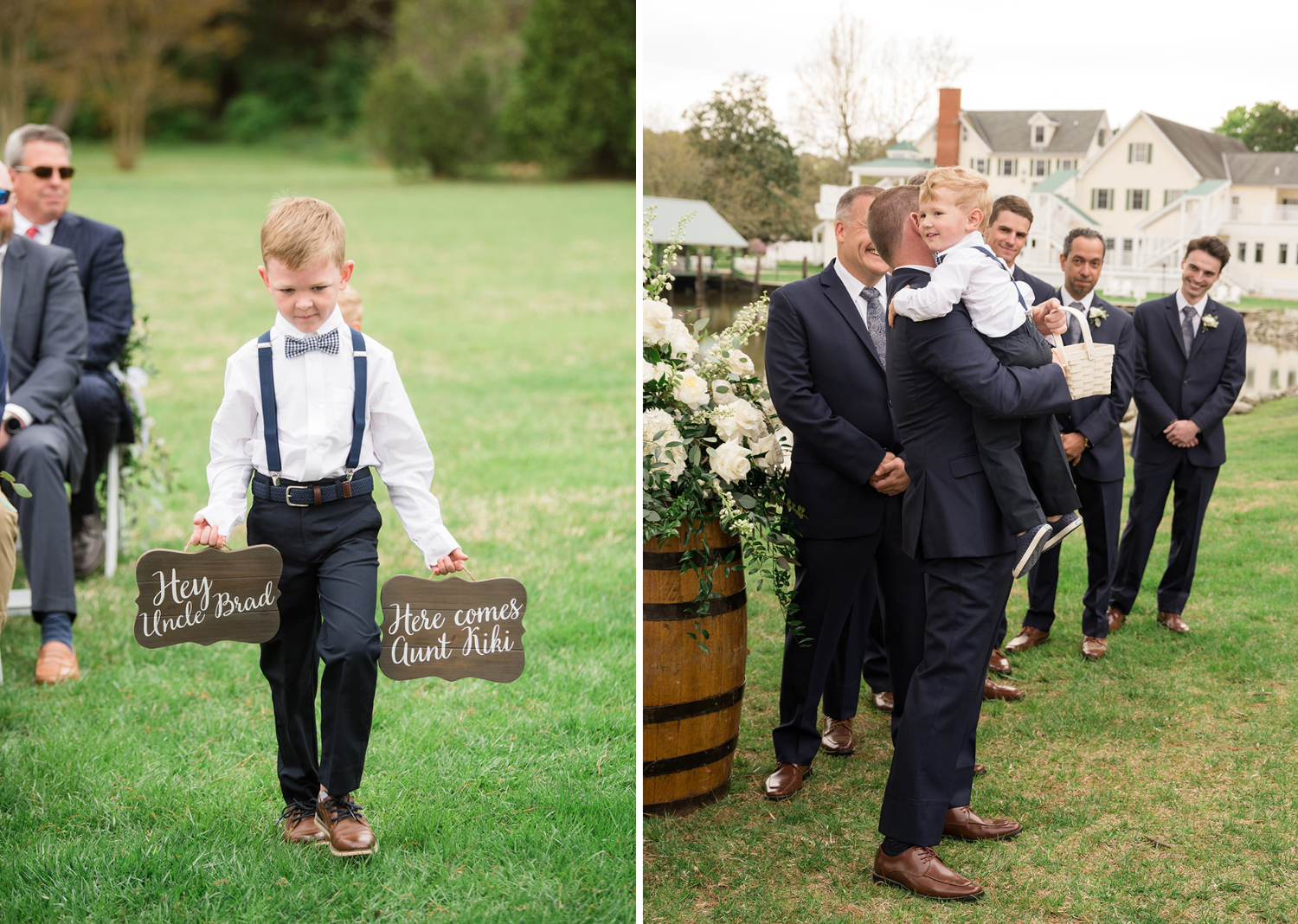 baby groomsmen walks down the aisle holding a sign "here comes aunt kiki"