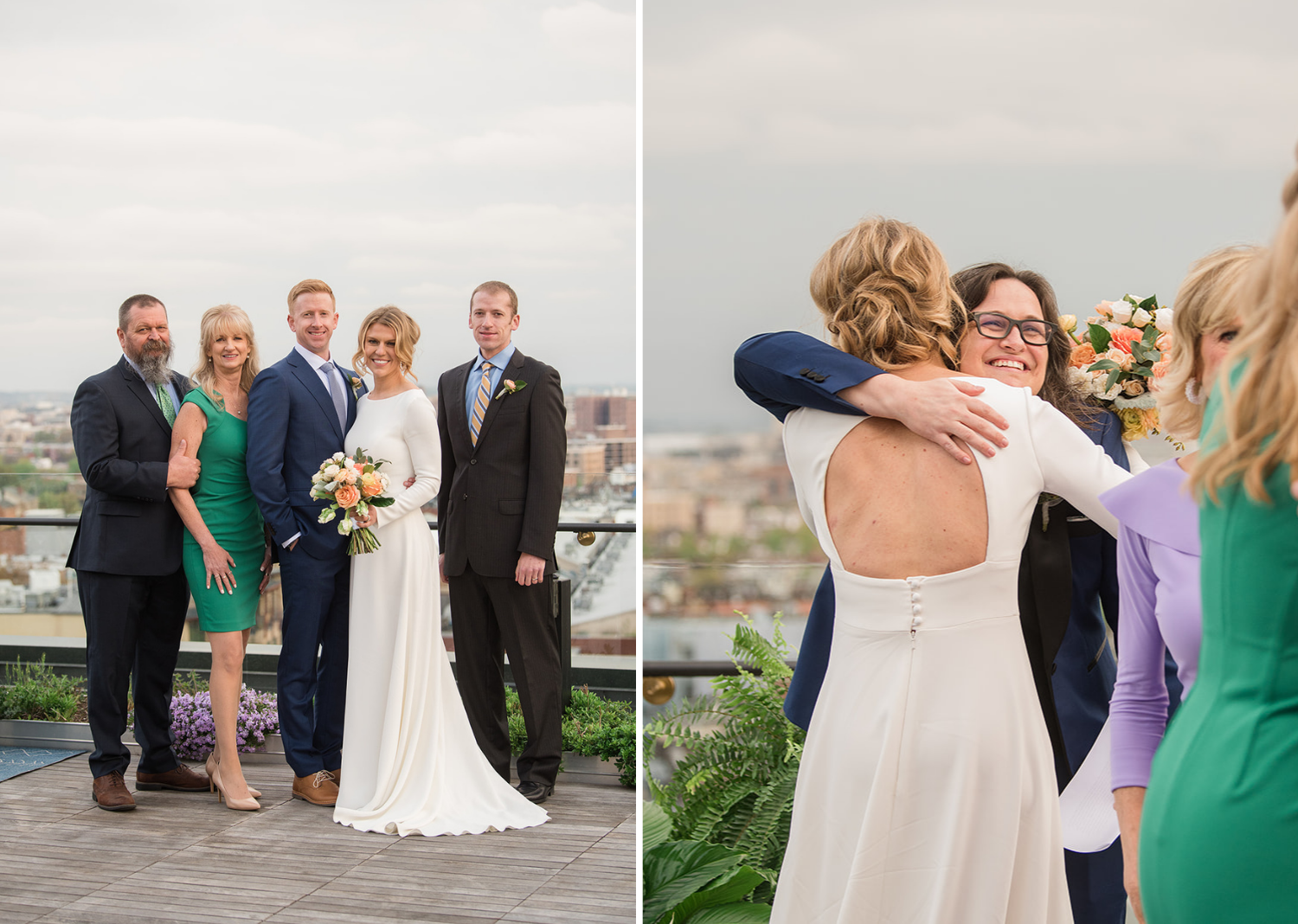 bride posing with her family on her wedding day on the rooftop of the Line hotel in Washington