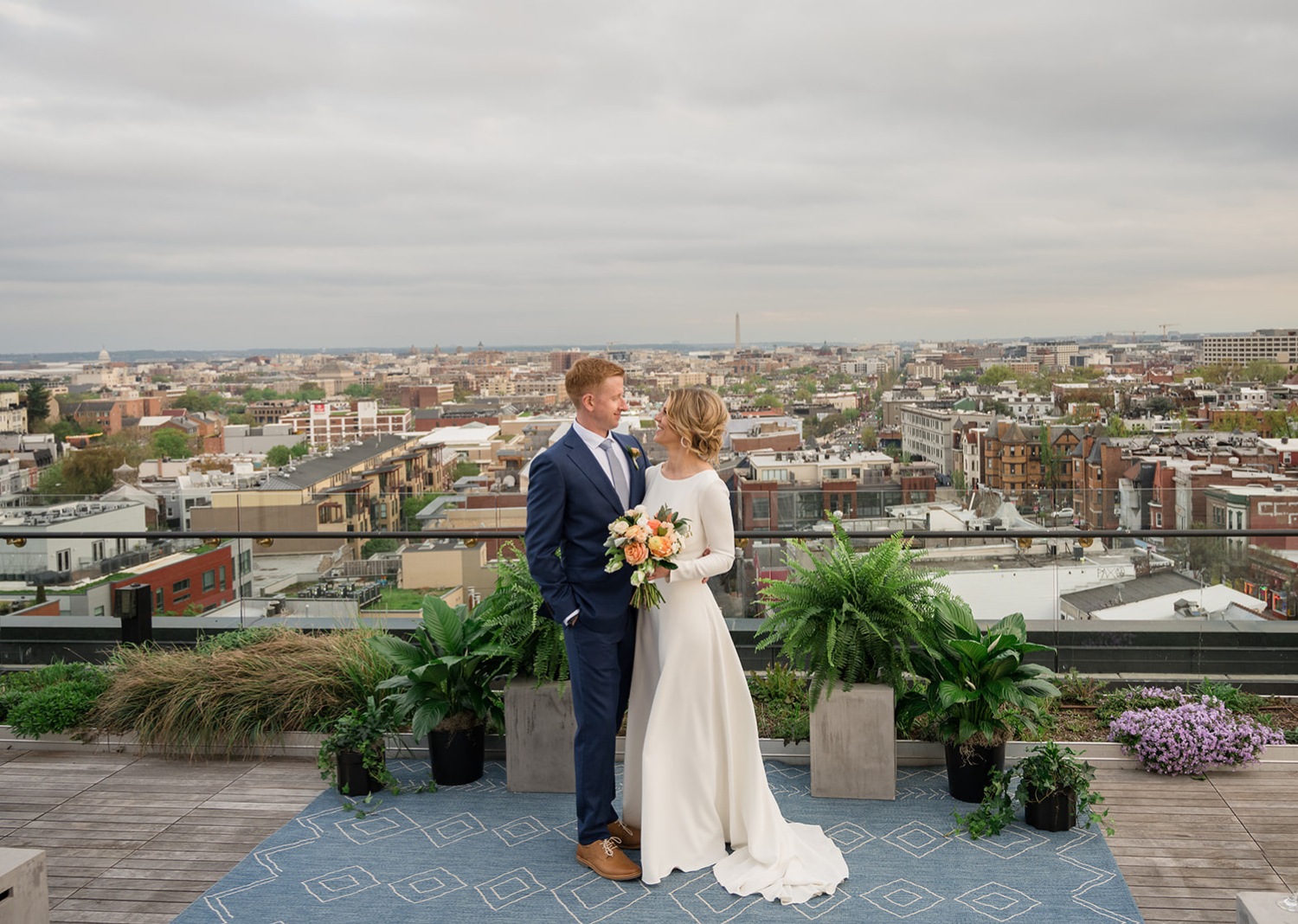 bride and groom on the rooftop of the Line Hotel in Washington D.C