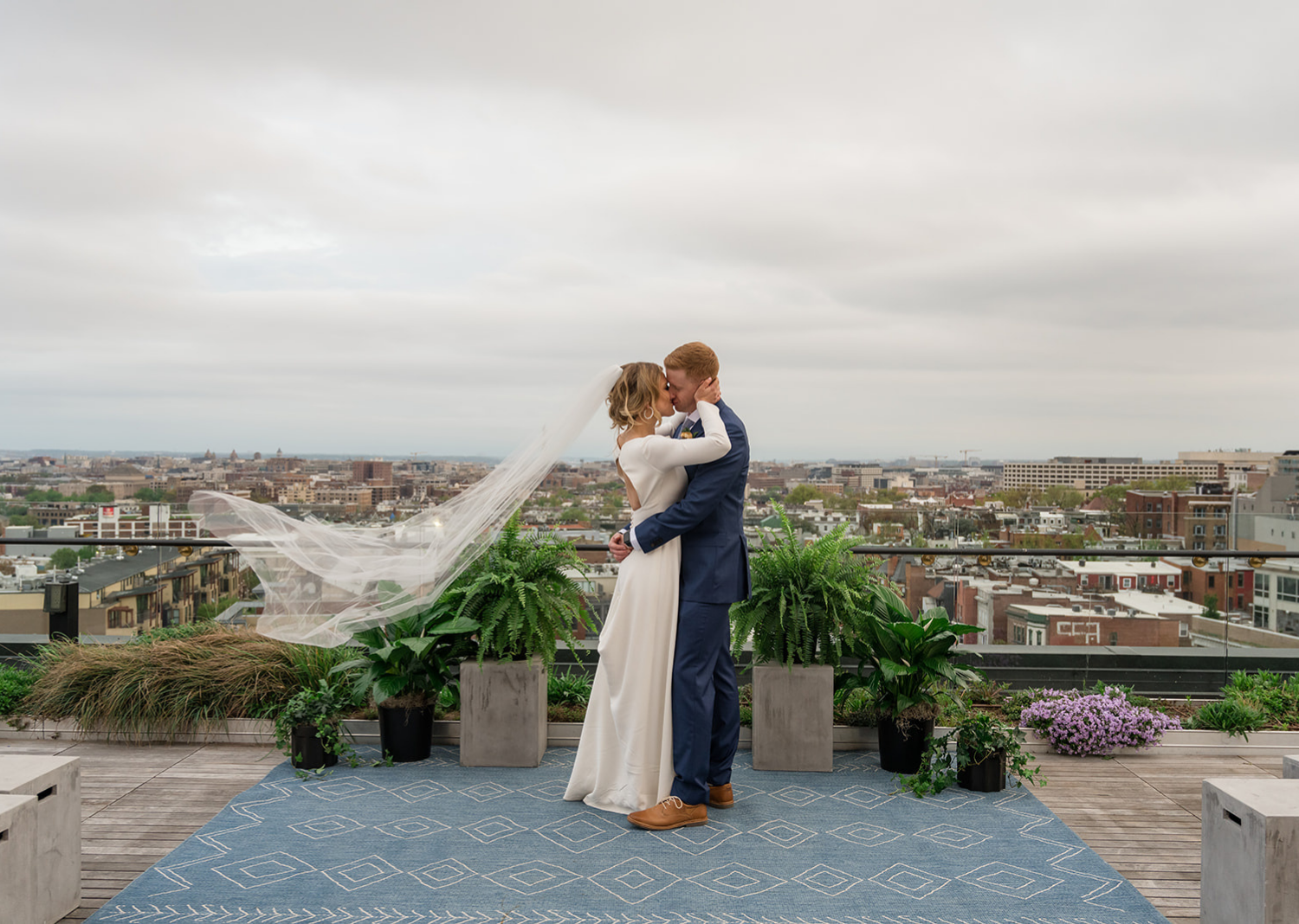 bride and groom on the rooftop of the Line Hotel in Washington D.C