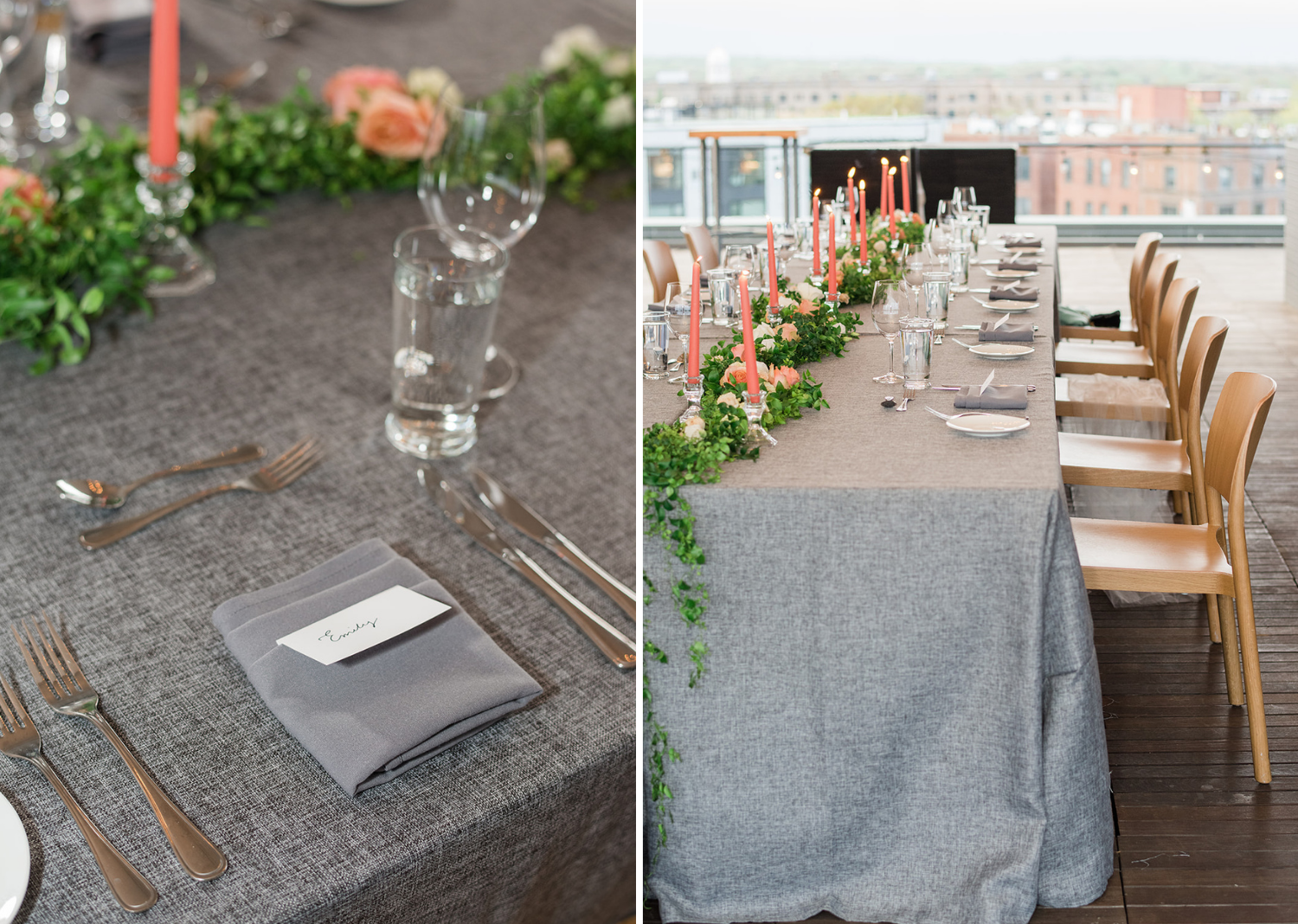 grey tablecloths along with an array of green and orange foliage covers a wedding table as their main centerpiece